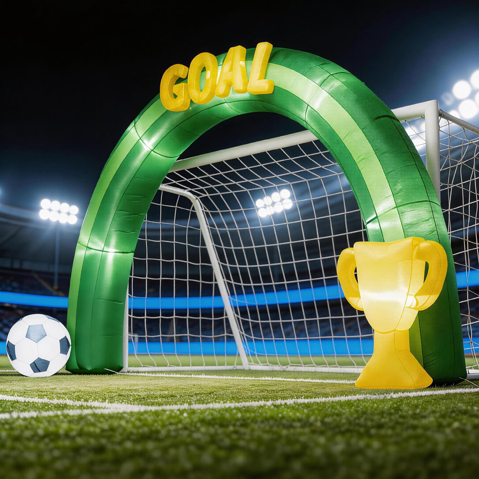 Condition photo showing As Is for 14ft giant soccer inflatable arch 2026 world soccer blow up decorations with trophy & built-in 7 led