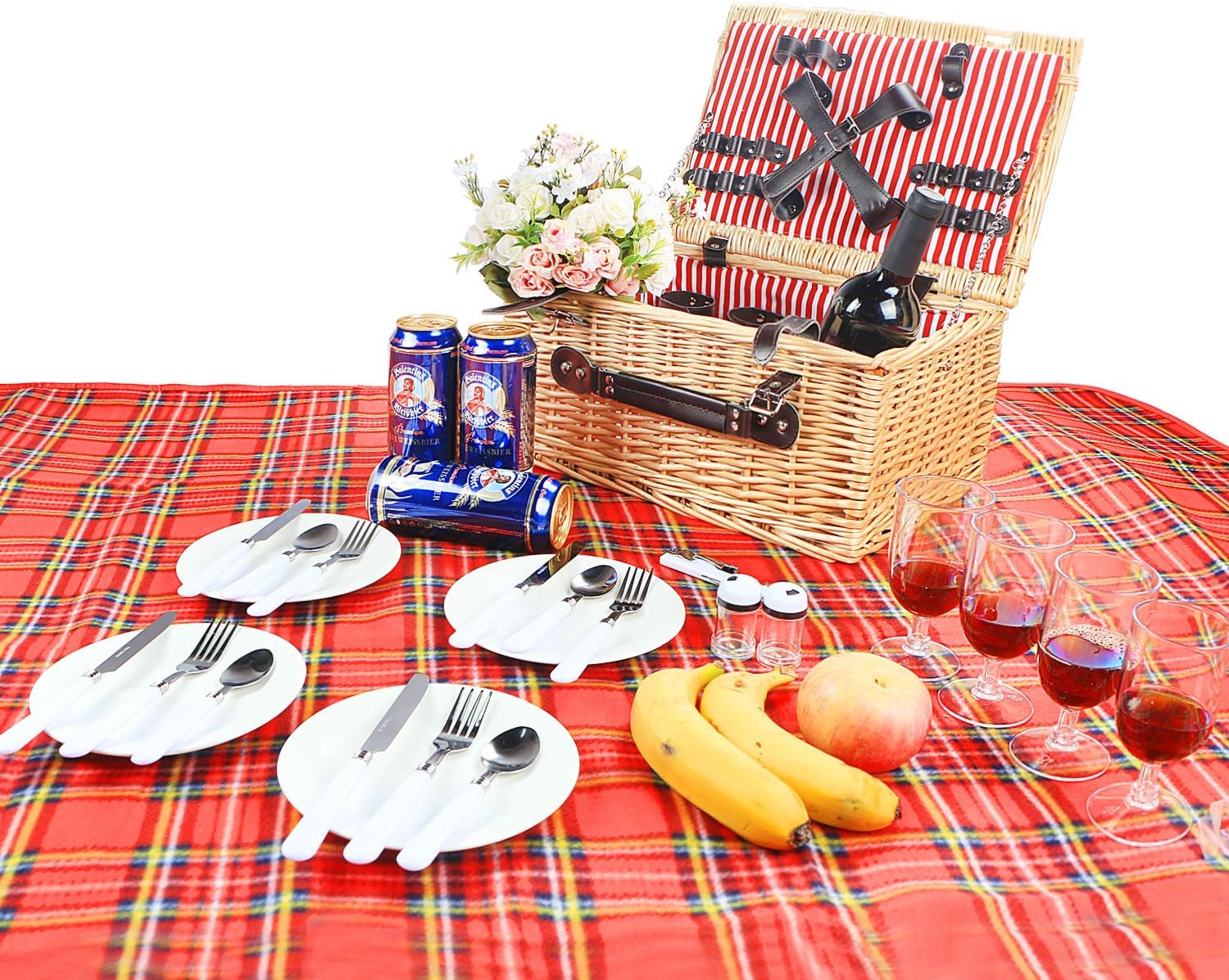 Woworld 4 Person Wicker Picnic Basket Hamper Set with Flatware,Plates,Wine Glasses Includes FREE Picnic Blanket Red Stripe Liner