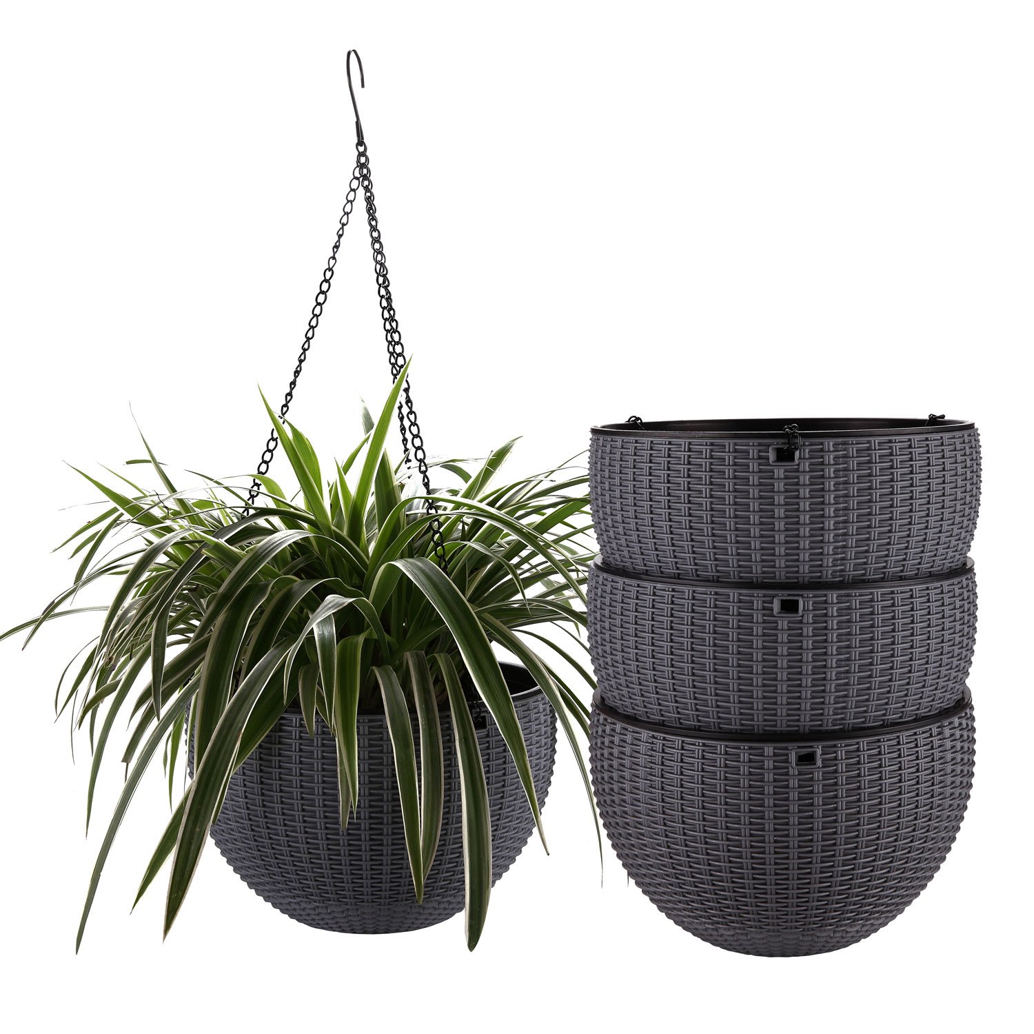 T4U Plastic Hanging Planter Grey Pack of 4, Self Watering