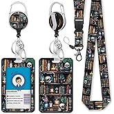 Goth Lanyards for ID Badges, Badge Holder Retractable Reel Clip Funny Skull Gothic, Witchy Skeleton Bookshelf ID Holder Carabiner Keychain Name Tag Protector Teacher Women Doctor Office Gift