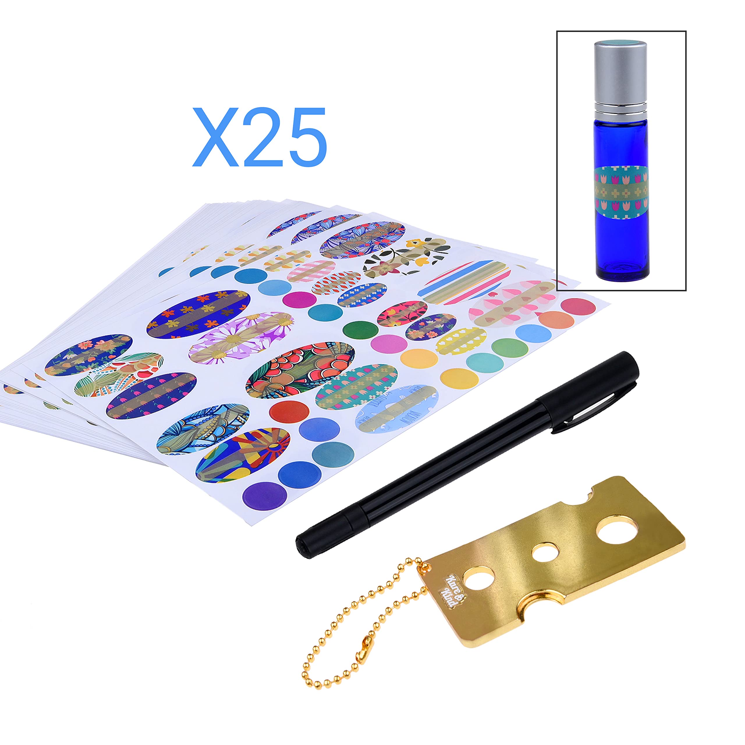 Kare & Kind Essential Oil Bottle Sticker Kit with Bottle Tool with Chain and Pen for Label Writing