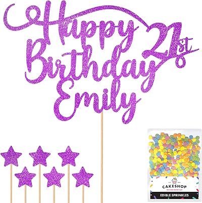 Cakeshop Personalised Happy Birthday Glitter Cake Topper Purple Name & Age