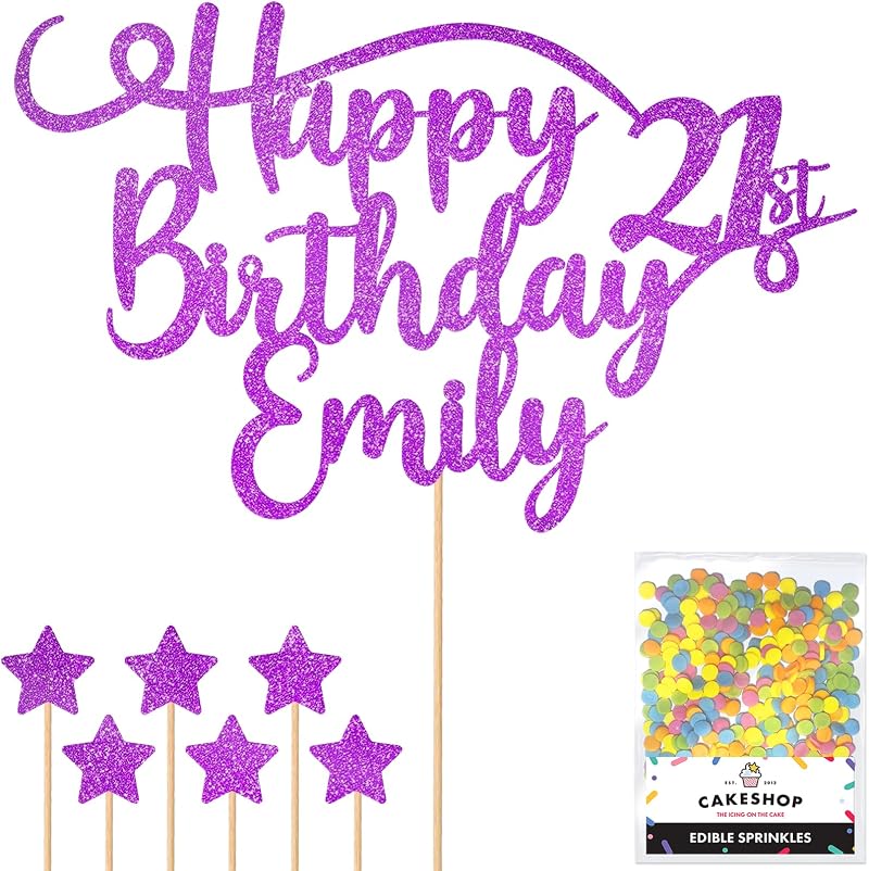 Cakeshop Personalised Happy Birthday Glitter Cake Topper Purple Name & Age