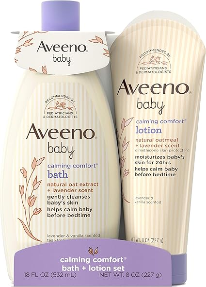 Amazon Com Aveeno Baby Calming Comfort Bath Lotion Set Night Time Baby Skin Care Products With Natural Oat Extract Lavender Vanilla Scents Paraben Free 2 Items Health Personal Care