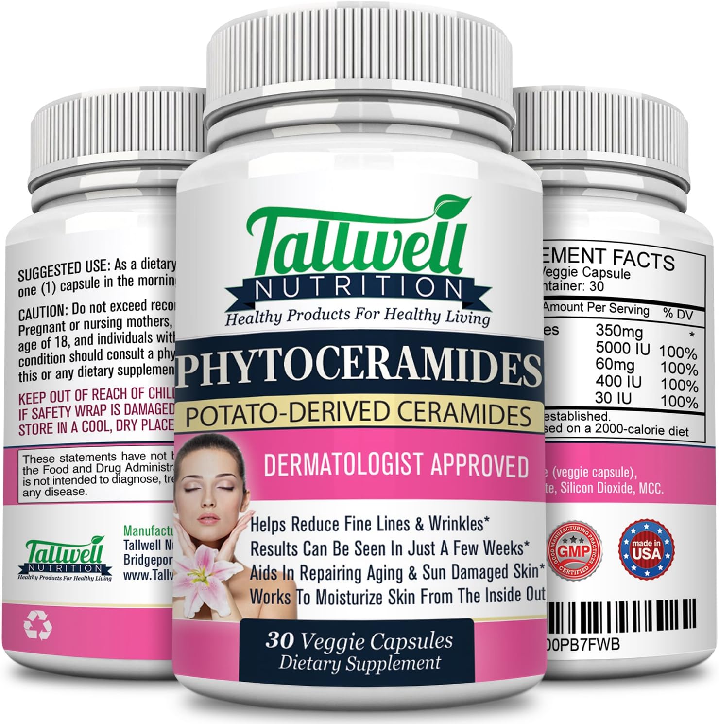 Phytoceramides 350mg capsules for Skin, Hair, Nails, Vitamin A C D E Supplement, Dermatologist Recommended Plant Derived Ceramides, 30 Day Supply, Tallwell Nutrition(tm)