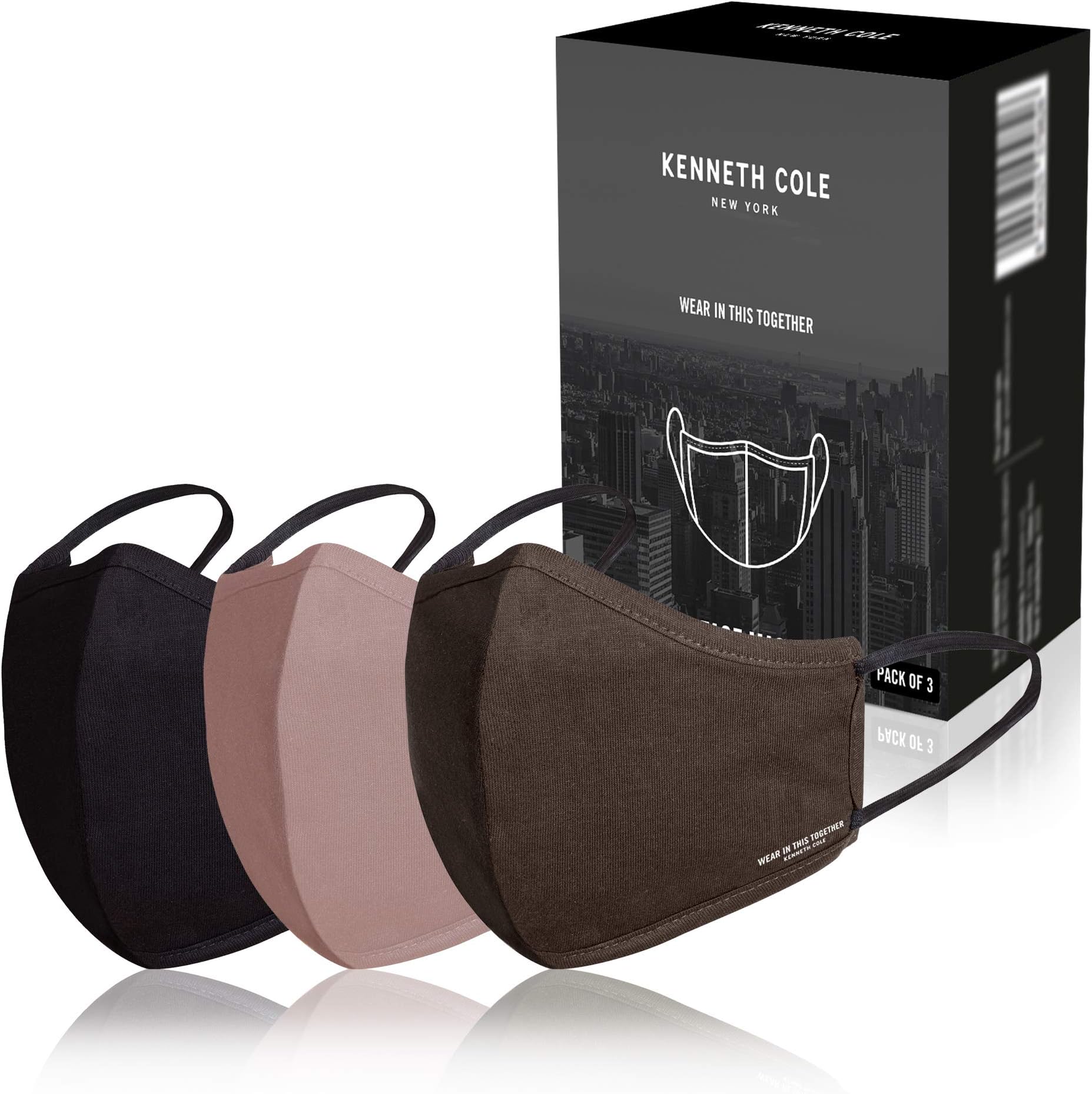 Kenneth Cole Classic Cotton Face Mask with Certified Multi-Layer Filter - Reusable Urban Face Covers - Unisex Fit, 3-pack