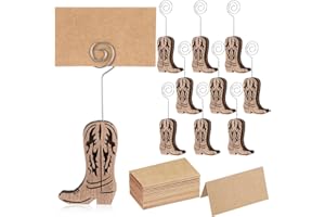 Havawish 10 Pcs Wood Cowboy Boot Place Card Holders and 10 Pcs Kraft Table Place Cards Cowboy Boots Table Number Holders Photo Holder Menu Memo Clips Cowboy Boot Decorations for Wedding Party Favors