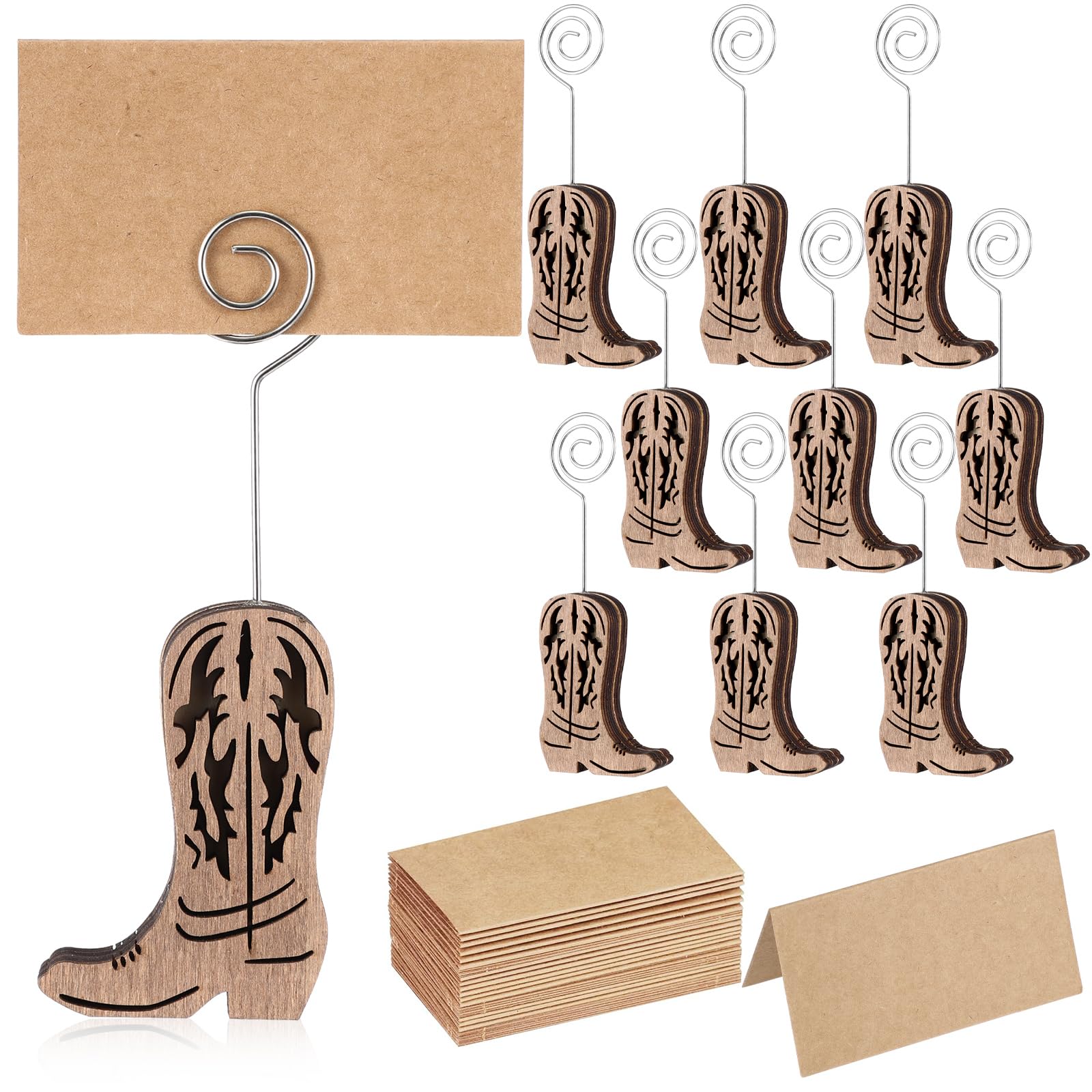 Photo 1 of Havawish 10 Pcs Wood Cowboy Boot Place Card Holders and 10 Pcs Kraft Table Place Cards Cowboy Boots Table Number Holders Photo Holder Menu Memo Clips Cowboy Boot Decorations for Wedding Party Favors