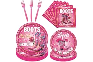 Deorfuy Boots on the Ground Decorations, 96PCS Western Cowgirl Paper Plates and Napkins Party Decoration, Boots on the Ground Birthday Forks Decor Baby Shower Supplies Serve for 24