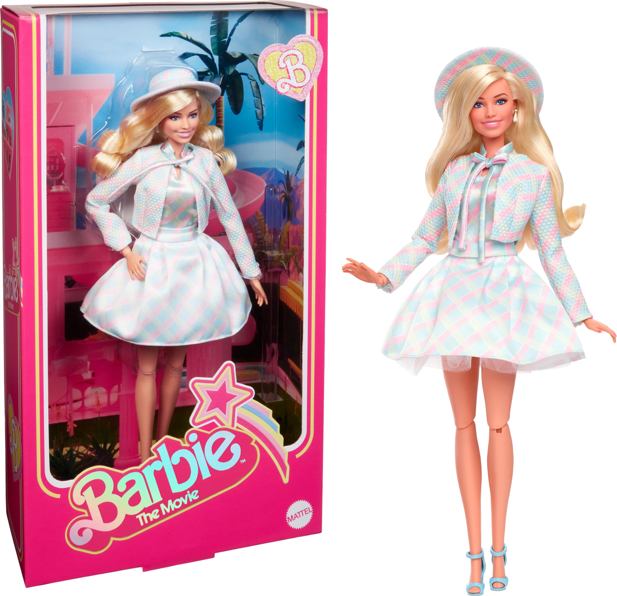 Photo 1 of Barbie The Movie Doll, Margot Robbie as, Collectible Doll Wearing Blue Plaid Matching Set with Matching Hat & Jacket