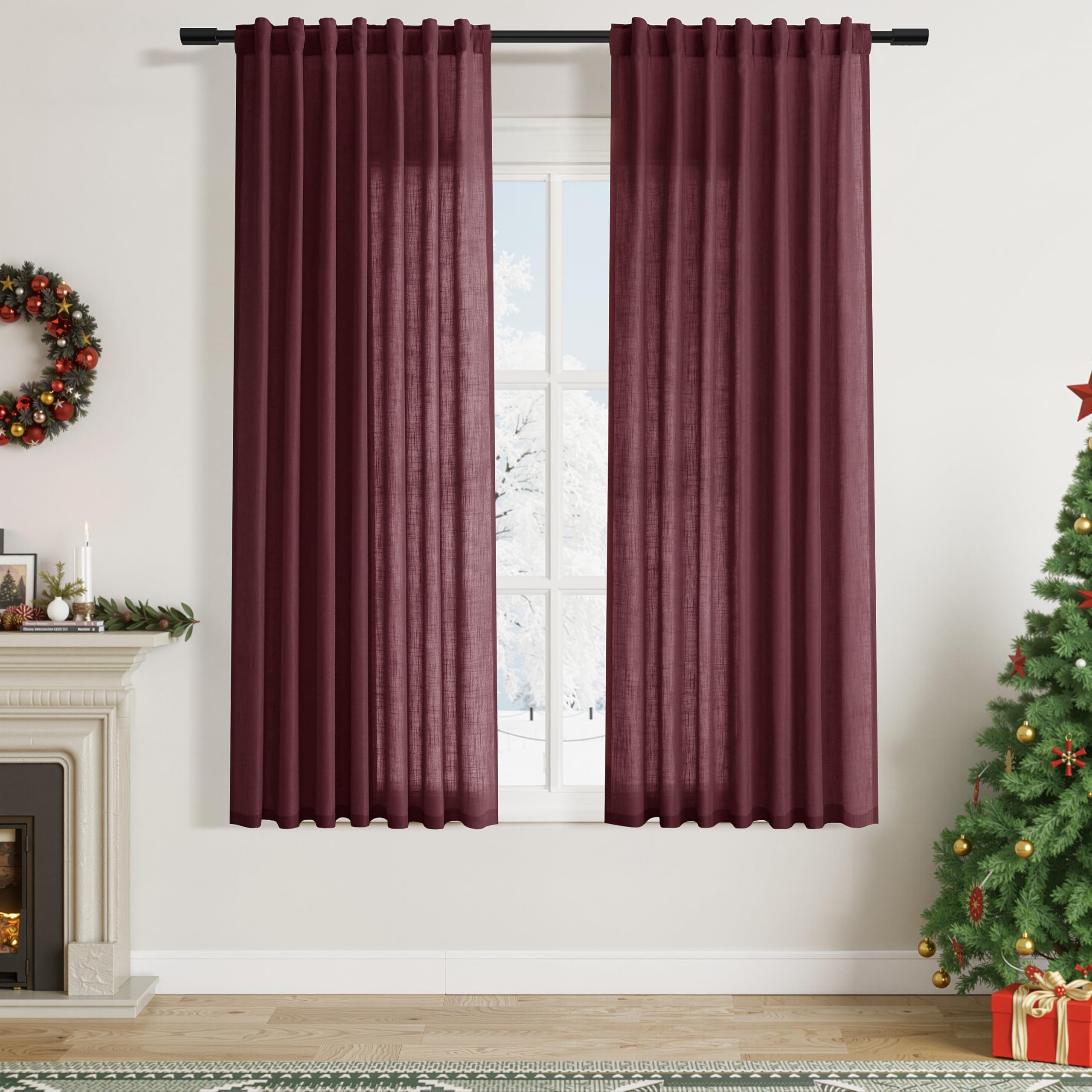 Photo 1 of **Only one panel**
Burgundy Linen Curtains 63 Inches Long 2 Panel Sets for Living Room Bedroom Rod Pocket Back Tab Light Filtering Drape for Kitchen Window Short Protect Privacy Curtain Modern Farmhouse Decor 52x63