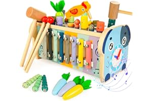 WOODMAM Montessori Toys for 1 Year Older, 7 in 1 Wooden Hammering Pounding Toy with Xylophone, Carrot Harvest Game, Fine Motor Skills Learning Developmental Toys Gift for Boys Girls Age 1 2 3