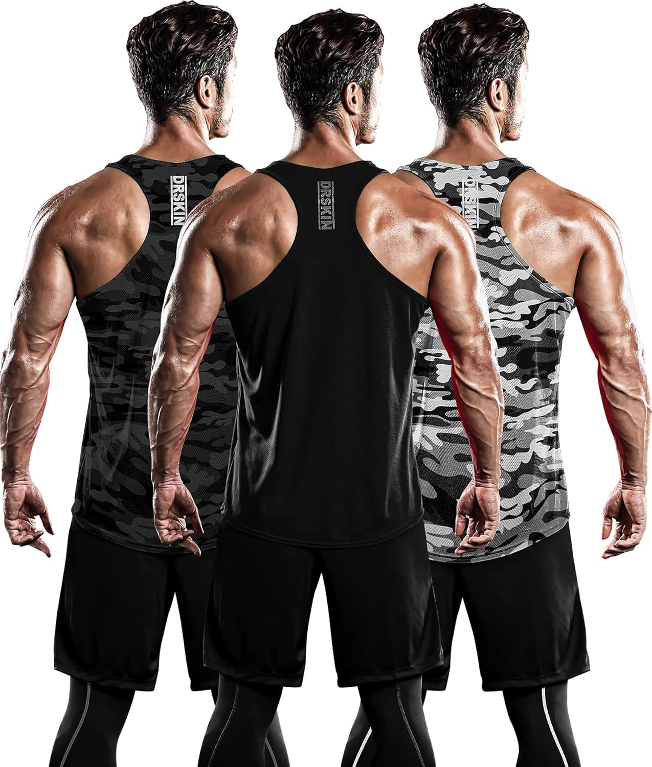DRSKIN Men's 3 Pack Dry Fit Y-Back Muscle Tank Tops Mesh Sleeveless Gym Bodybuilding Training Athletic Workout Cool Shirts: Clothing
