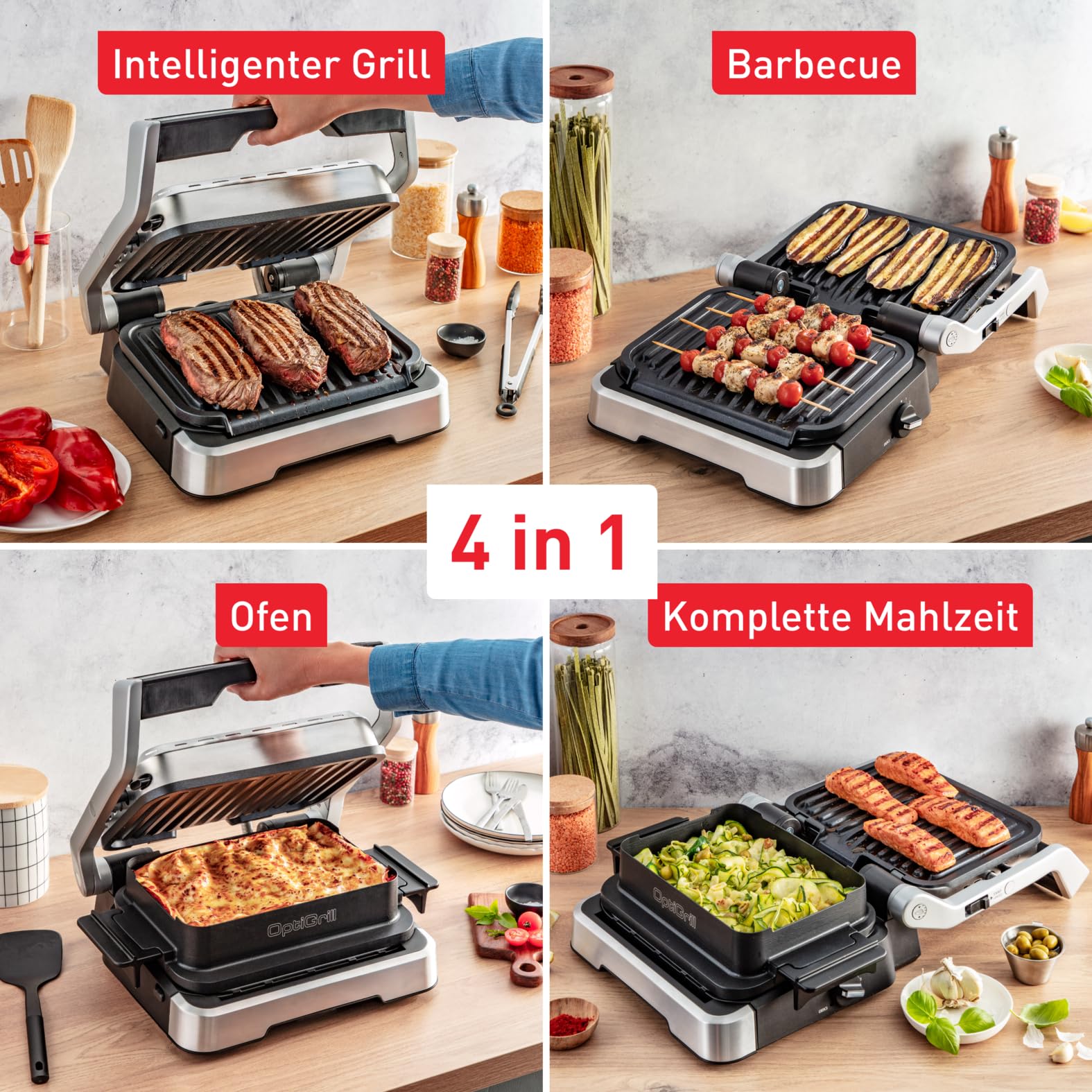 Tefal OptiGrill 4in1 Kontaktgrill mit Backschale, Aufklappbar, Tischgrill, 9 automatische Programme, Garstufenanzeige, spülmaschinengeeignete Teile, Elektrogrill, Backofen, GC776D10 3