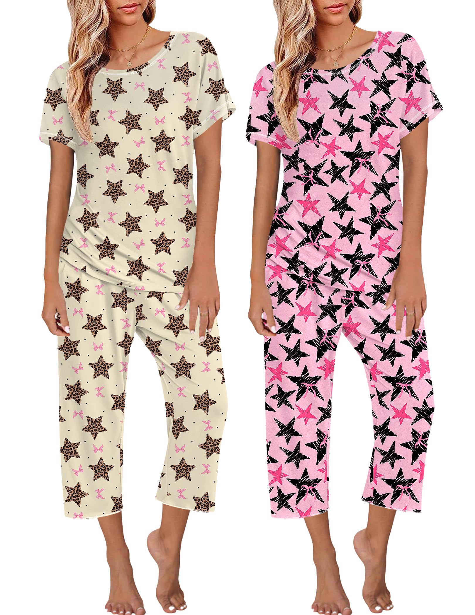Ekouaer 2 Pack Women's Pajamas Short Sleeve Sleepwear Tops and Capri Pants Pjs Five-Pointed Star M Image