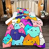 Cat Comforter Set Twin - Twin Size Comforters Set for Girls Cat Kids Bedding Colorful Cartoon Theme Bedding Sets, 1 Comforter+1 Pillowcase