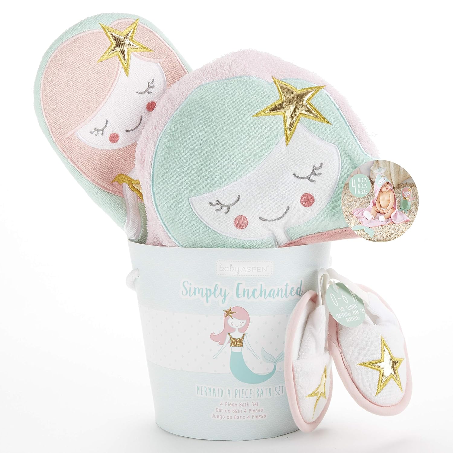 Amazon Com Baby Aspen Simply Enchanted Mermaid 4 Piece Bathtime Gift Set Pink Mint Gold White 0 6 Months Baby