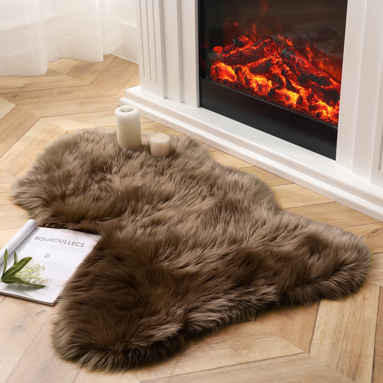 Photo 1 of Ashler Faux Fur Rug, Fluffy Shaggy Area Rug Ultra Soft 2.3 x 3.3 Feet Sheepskin Fur Rug, Dark Coffee Fuzzy Rug Machine Washable Shag Rug, Nursery Decor Throw Rugs for Bedroom, Kids Room, Living Room