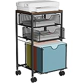 BOHDK Rolling File Cart with 3 Storage Drawers, Wood & Mesh Hanging File Folder Organizer with Wheels Under Desk, File Cabinets for Home Office, 11.81" D x 14.8" W x 25.39" H, Black