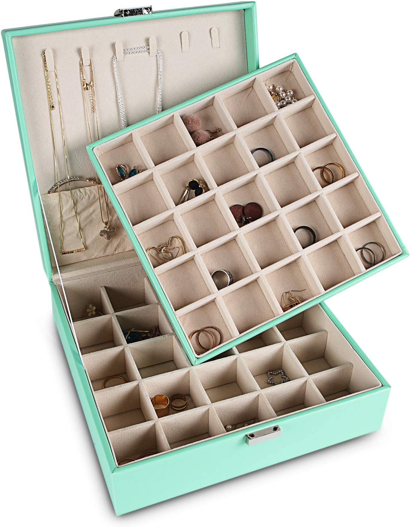 Frebeauty Earring Organizer Classic Jewelry Box 50 Slots Double Layer Jewelry Storage Case with 6 Necklace Hook and Bracelet Pocket(Turquoise)