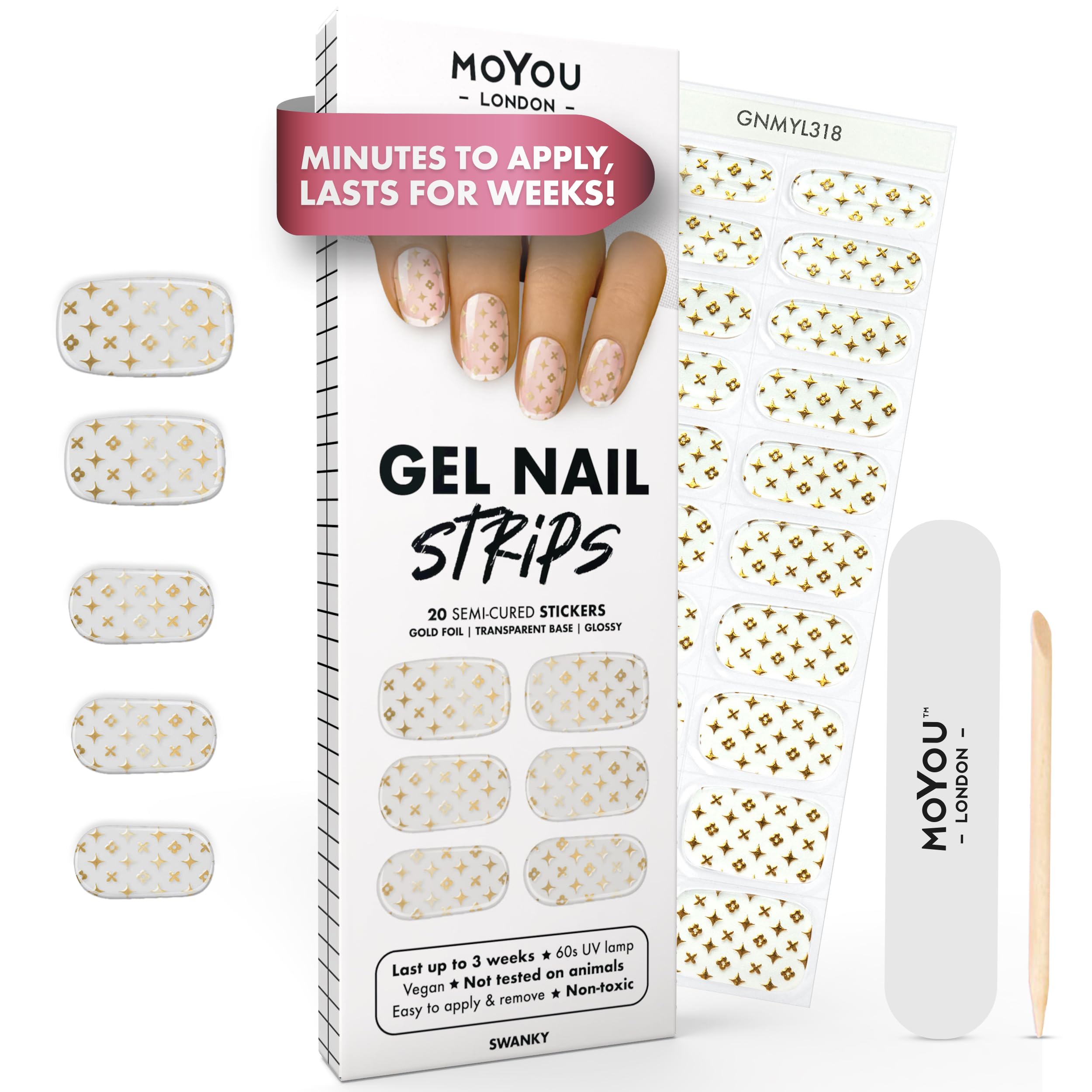 MOYOU LONDON Semi Cured Gel Nail Strips - 20 Pcs. Waterproof Gel Nail Wraps, Cures in Sunlight or UV/LED Lamp, Lasts Up to 2+ Weeks, Stretchable, Easy to Apply & Remove, Vegan & Cruelty-Free