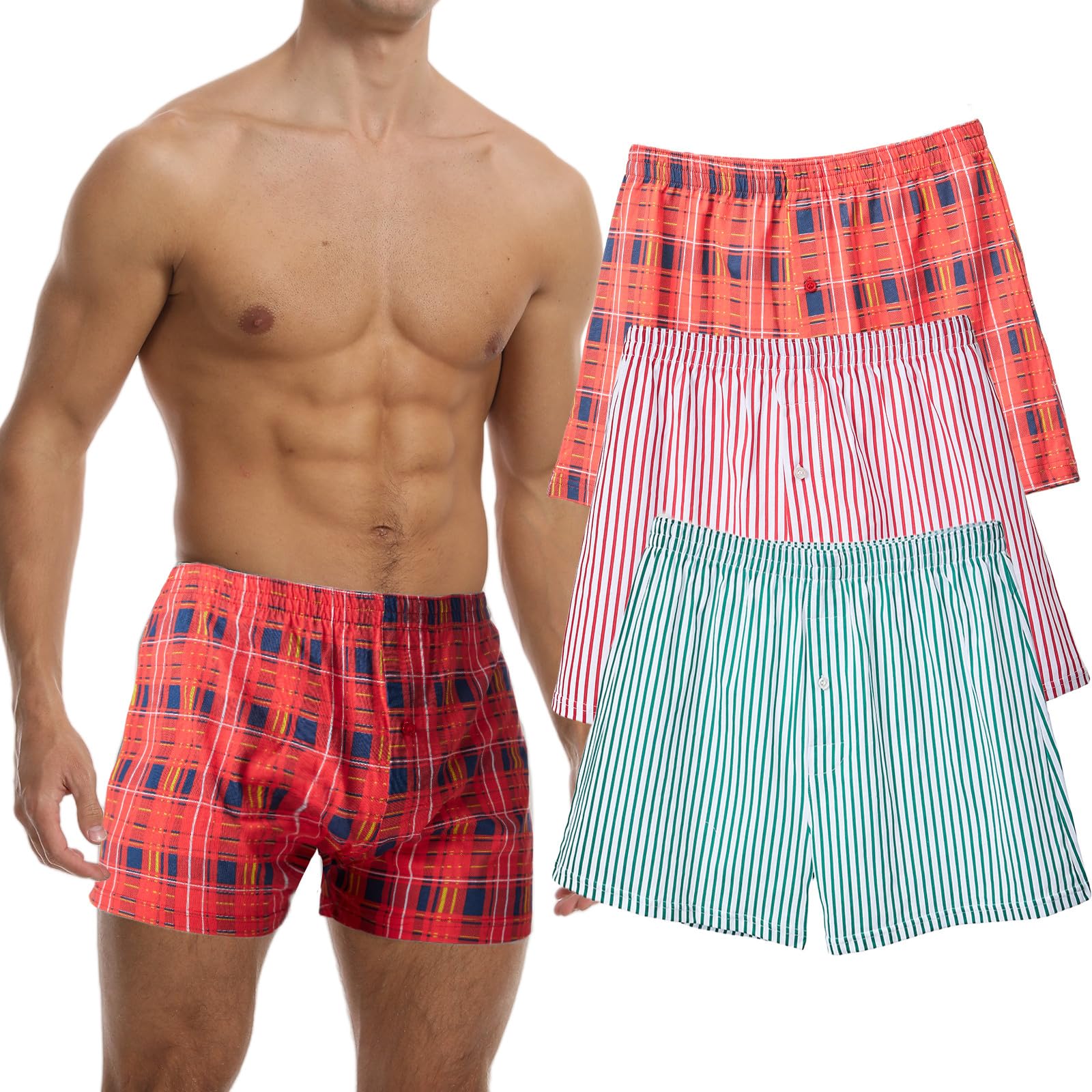 Photo 1 of Cinvik Mens Boxers Pajamas Shorts Red Stripe Boxer for Men Pack Stretch Plaid Cotton Loose fit Sleep Short Soft Underwear Small