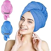 HOMEXCEL 2 Pack Large Microfiber Hair Towels Waffle Weave- 40 x 26.5 inches Fast Drying Turbans for Long, Thick, Curly Hair - Anti Frizz Wrap with Elastic Strap, Blue/Pink
