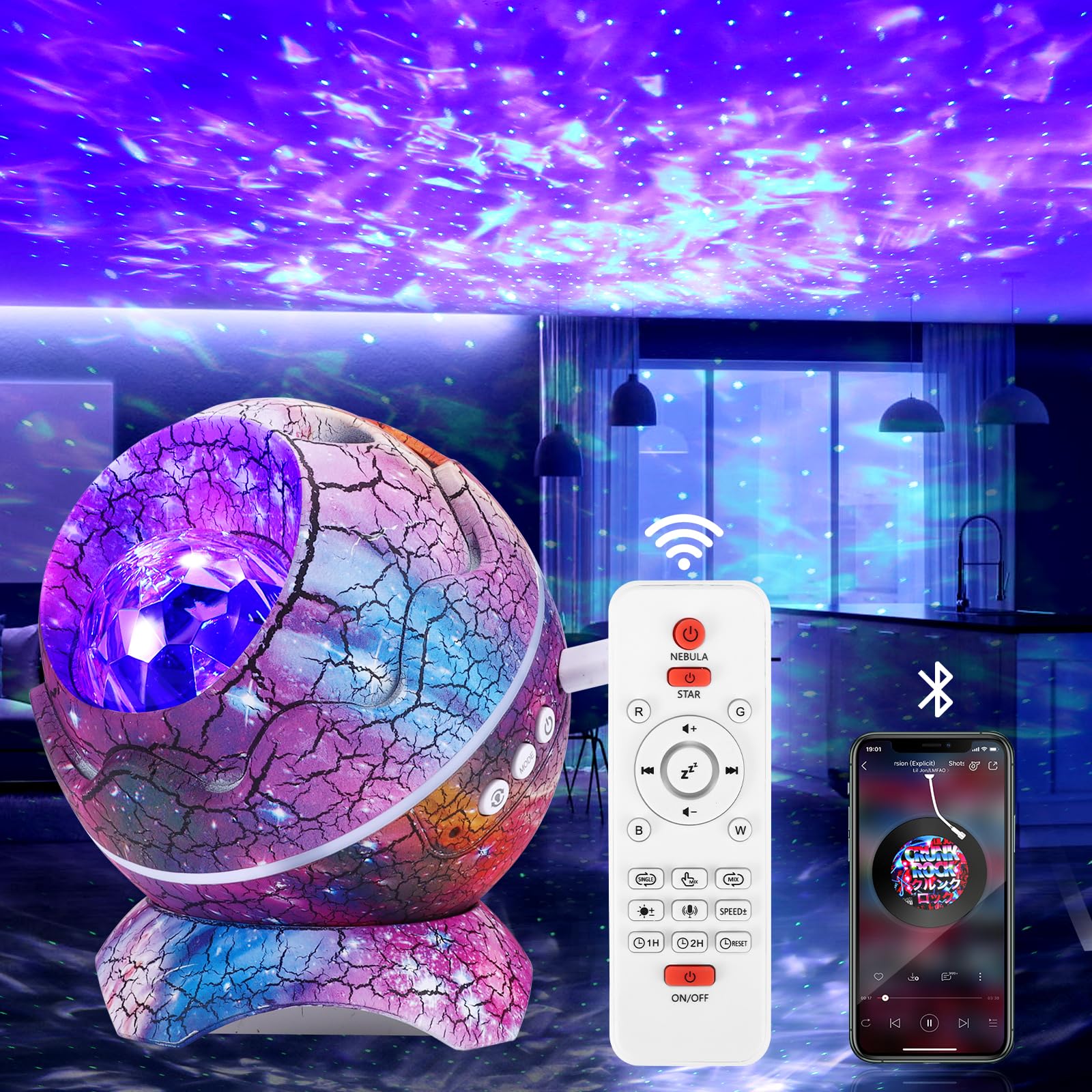 Galaxy Projector Dinosaur Egg Light, Bluetooth Speaker Star Projector Night Light with White Noise and Timer for Bedroom Decor, Dinosaur Gifts Toys for Boys Age 1-13 Year