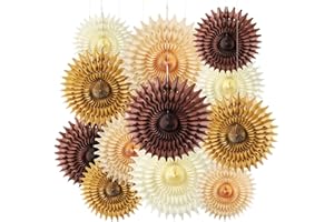 BestoFun 12PCS Paper Fans Brown Neutral Boho Party Decorations Tissue Paper Flowers Decorations for Girl Groovy Birthday Baby Shower Wedding Bachelorette Room Wall Hanging Décor