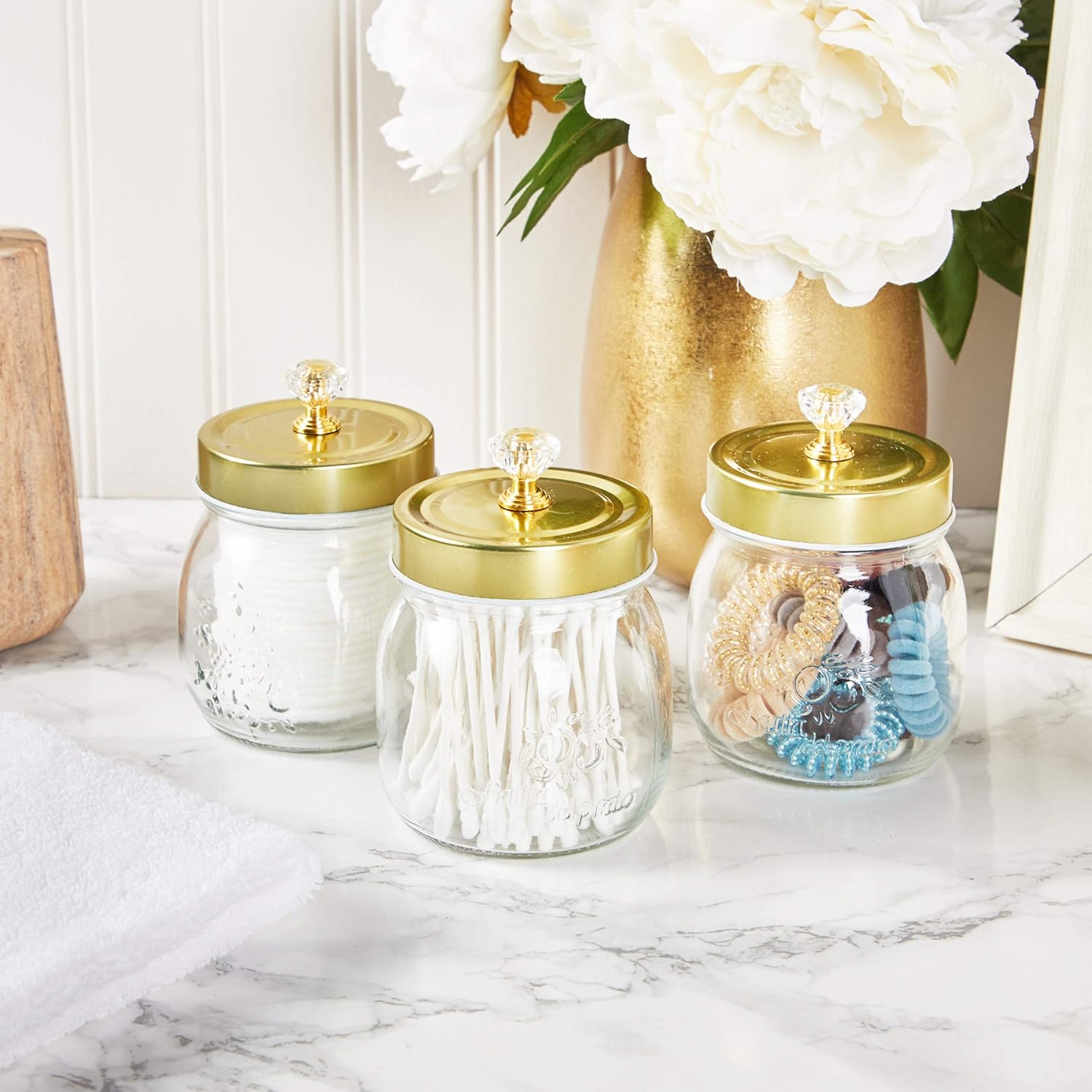 3 Pack Glass Vanity Canisters With Gold Lids Mason Jar Bathroom Set Canisters Bathroom Storage Organization Semo Es