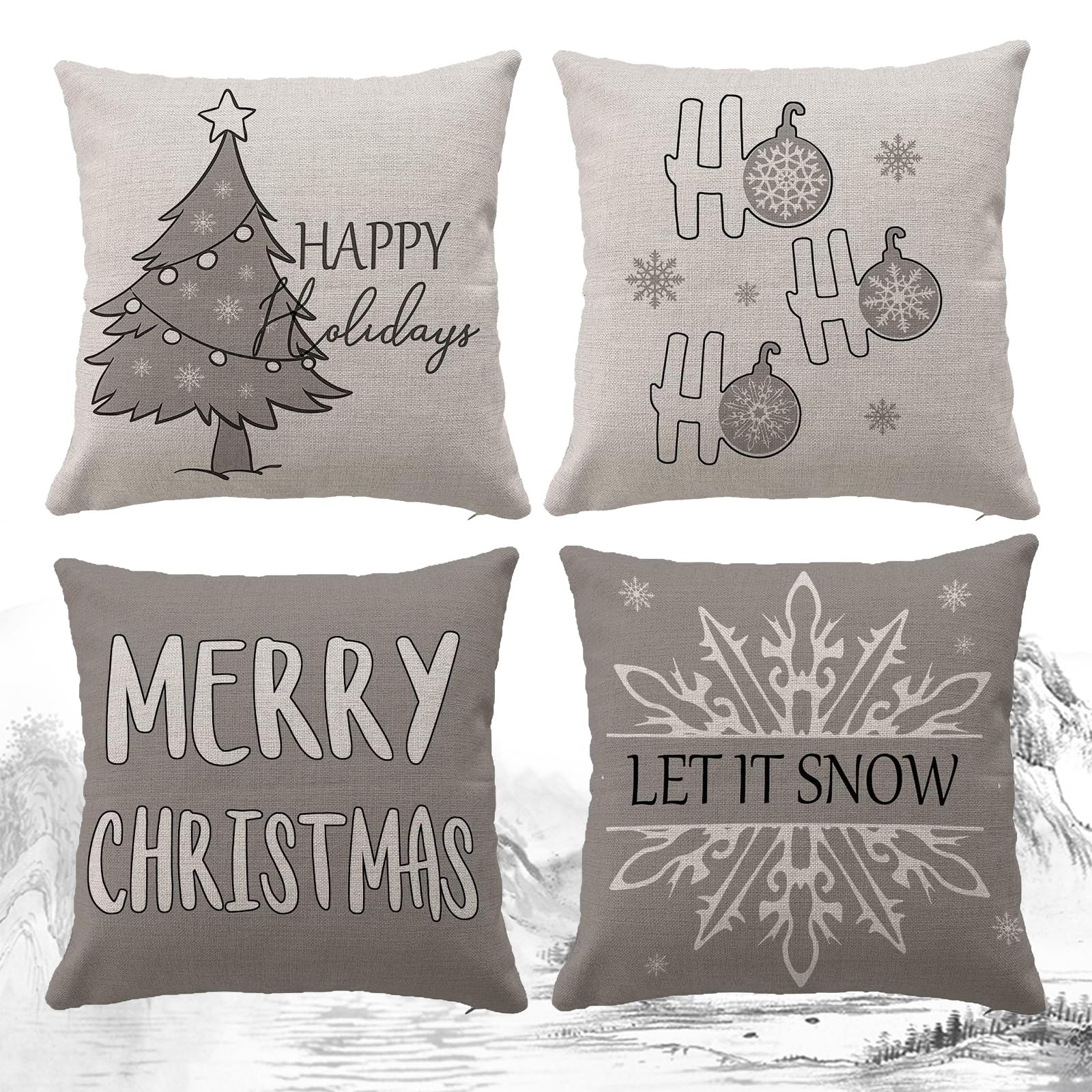HIQE-FL Set of 4 Christmas Cushion Covers, Linen, 45 x 45 cm, Gray, Snowflake, Maple Leaf, Living Room, Bedroom, Office, Cafe, Patio, Car, Sofa, Bench, Chair, Couch, Indoor and Outdoor Use