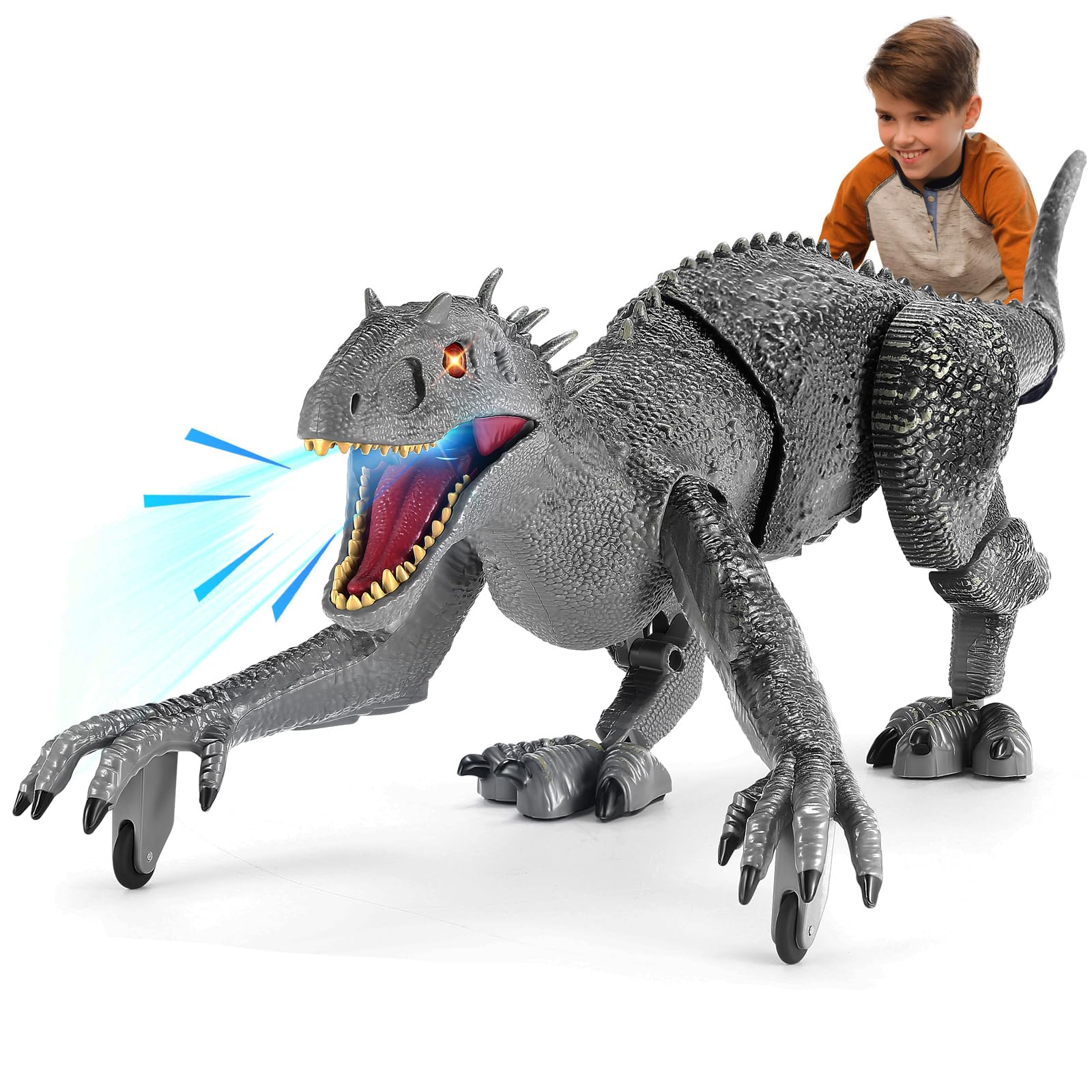 J Rootage Remote Control Dinosaur, Realistic Dinosaur Toys for Kids 3-5, 2.4GHZ, Walking,Rechargeable, 3D Eyes, 3 Sound Effects, Demo Function, Jurassic Toys for Christmas, Kids 3+，Gray, Large Size Image