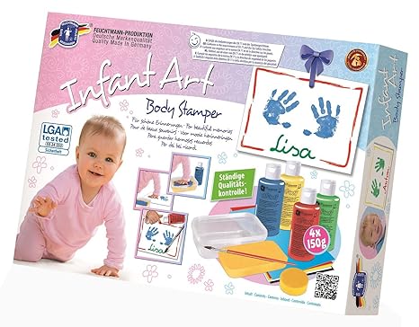 Feuchtmann Spielwaren 6280821 - Infant Art Baby Handabdruckset mit 4 Flaschen Malfarbe, Pinsel, Tonpapier, Stempelkissen und 