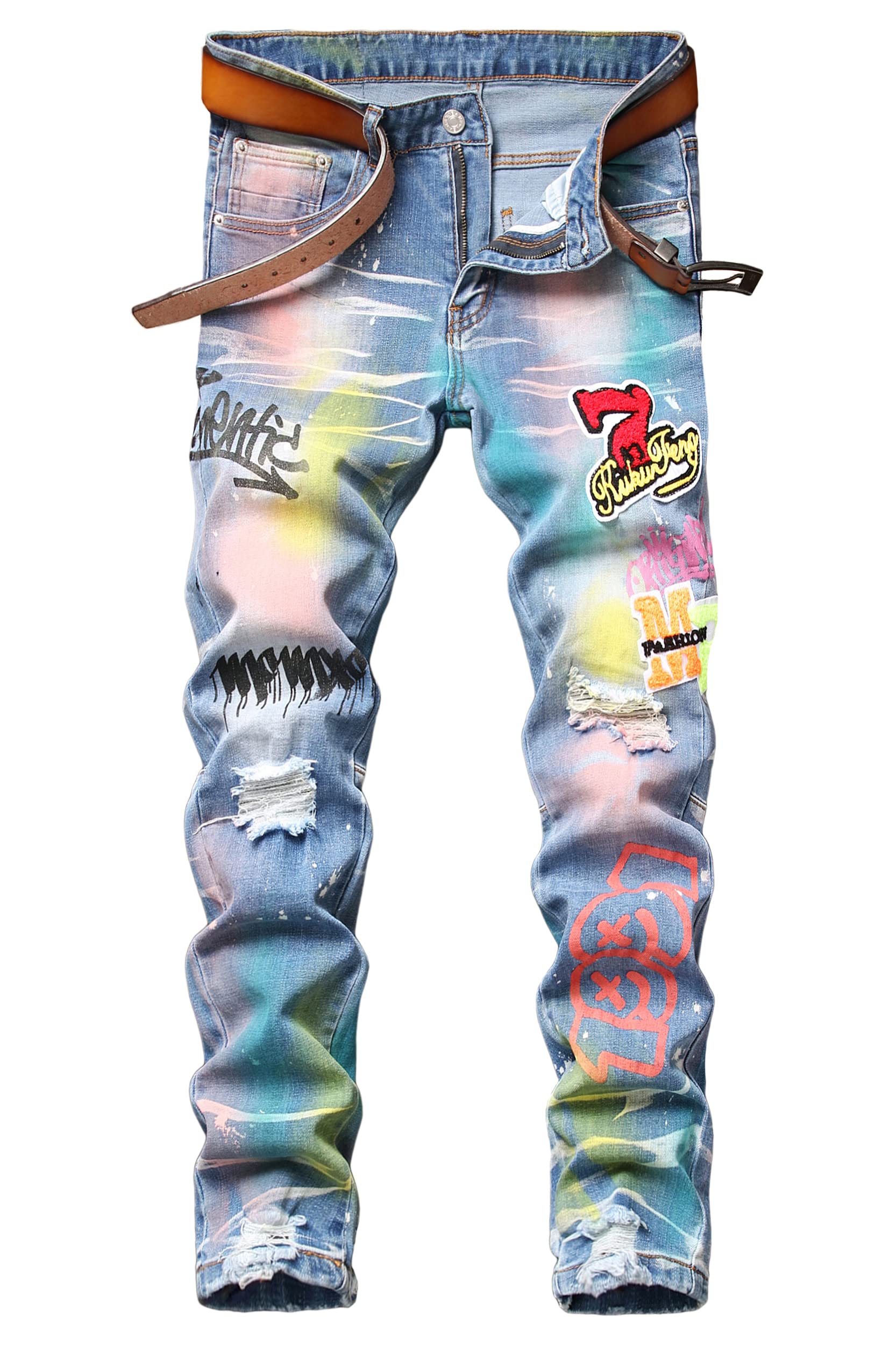 Baylvn Men's Designer Straight Slim Fit Patchwork Jeans Comfort Skinny Biker Denim Pants