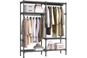 SONGMICS Heavy Duty Clothes Rack, 65 Inch Freestanding Portable Wardrobe with Hanging Rails and Shelves, Total Load 242 lb, Easy Assembly, for Cloakroom, Bedroom, Black URDR201B02