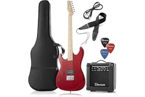 Davison Guitars Left Handed Electric Guitar with 10-Watt Amp, Red - Full Size Beginner Kit with Gig Bag and Accessories