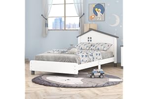 Harper & Bright Designs Twin Size Wood Platform Bed Frame with House-Shaped Headboard for Boys Girls Kids Toddler (White+Gray)