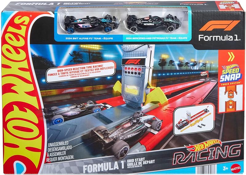 Linha de Partida de Fórmula 1 de corridas, pista de brinquedo e conjunto de carros, pista dupla com 2 carros metálicos à escala 1:64 com Licença Oficial de F1, JKM88