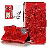 EYZUTAK Case for iPhone 15 Plus, Premium PU Leather Magnetic Flip Wallet Case with Card Holder Cash Slot Lanyard Strap Kickstand Function Embossed Mandala Flower Pattern Shockproof Cover - Red