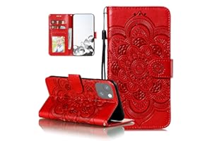 EYZUTAK Mandala Case for iPhone 14/iPhone 13, Premium Leather Flip Wallet Card Slots Magnetic Stand Protective Ultra Slim Shockproof Case with Lanyard, Embossed Flip Cover - Red