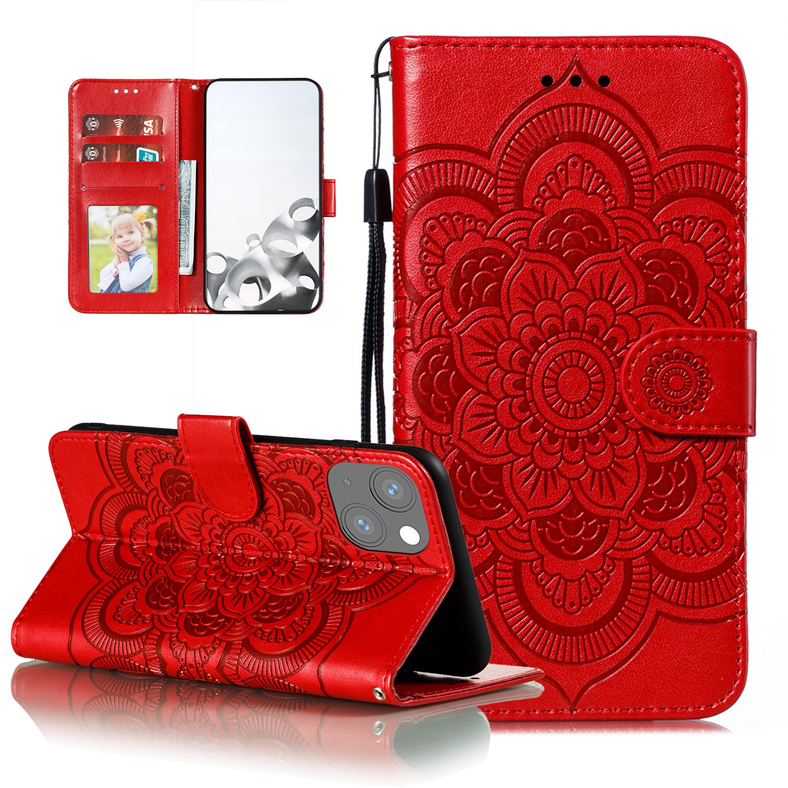 EYZUTAK Case for iPhone 14/iPhone 13, Premium Flip Wallet Phone Case PU Leather Mandala Embossed Design Shockproof Cover with Kickstand Card Holder Protective Case - Red
