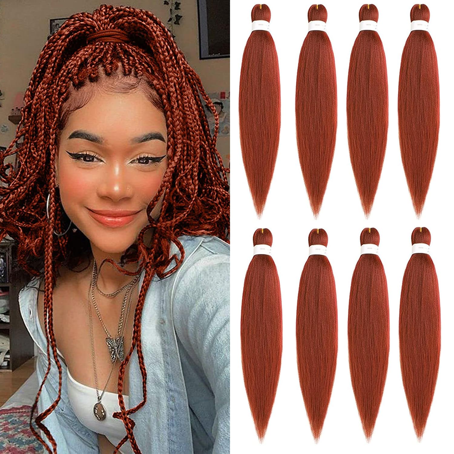Mscat 20 Inch 8 Packs Pre Stretched Braiding Hair Copper Red Pre Stretched Braiding Professional Synthetic Prestretched Crochet Braids Hair Extension Hot Water Setting Yaki Texture (350#) — image 1