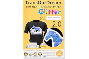 TransOurDream Glitter 2.0 Iron on Heat Transfer Paper for T Shirts (10 Sheets, 8.5x11'') Printable Heat Transfer Vinyl for In
