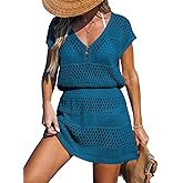 CUPSHE Women Crochet Swimsuit Cover Ups Hollow Out Short Sleeve Beach Coverup Dress