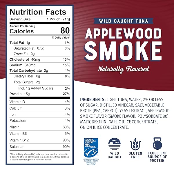 BUMBLE BEE APPLEWOOD SMOKE SEASONED TUNA, 2.5 OZ POUCH – READY TO EAT – WILD CAUGHT TUNA PACKET – 15G PROTEIN PER SERVING – GLUTEN FREE