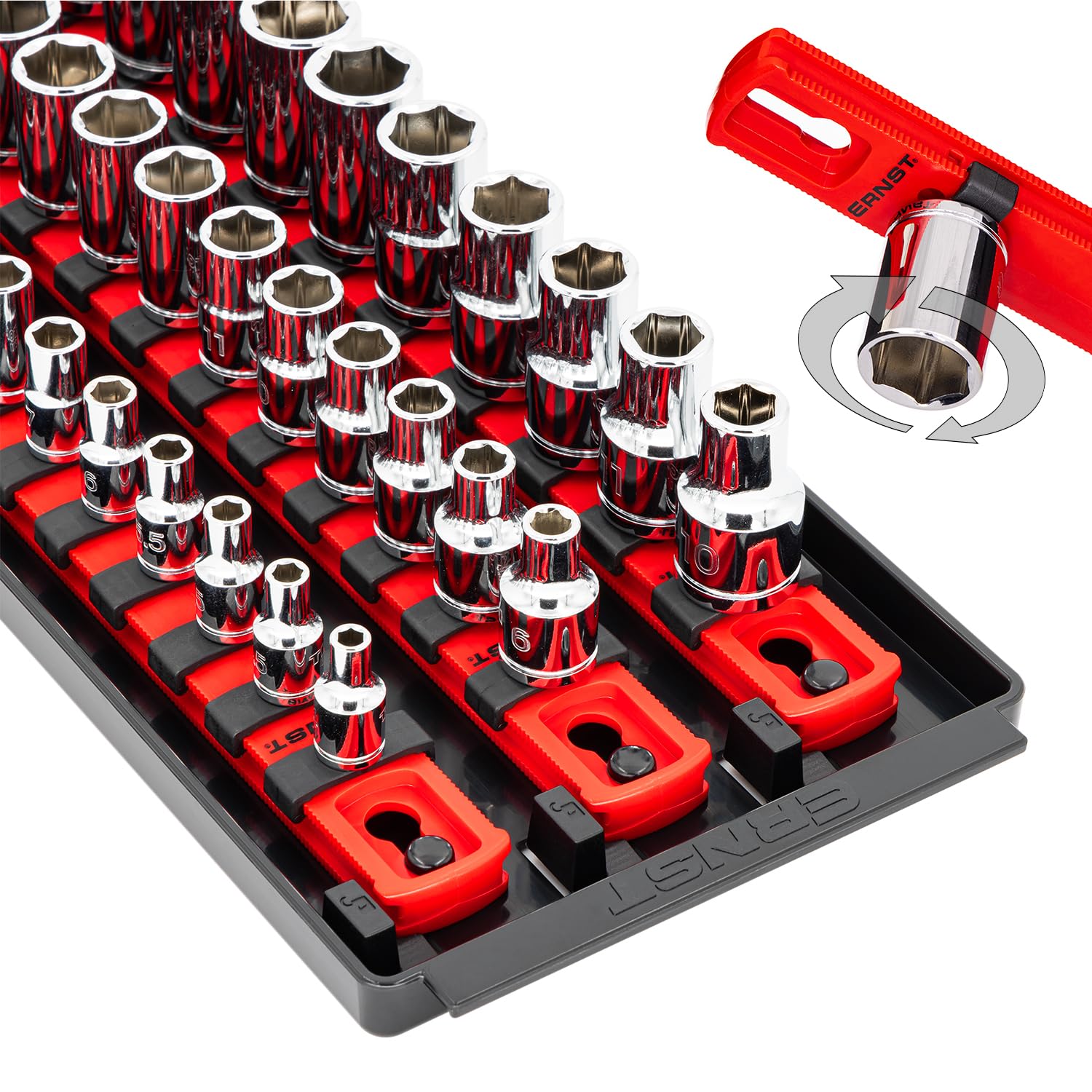 Ernst Manufacturing 18-Inch Red Socket Boss - 3-Rail Premium Multi-Drive (1/4", 3/8", 1/2") Socket Organizers with Twist Lock Clips, 57 SAE/Metric Tool Holder - Red — image 1