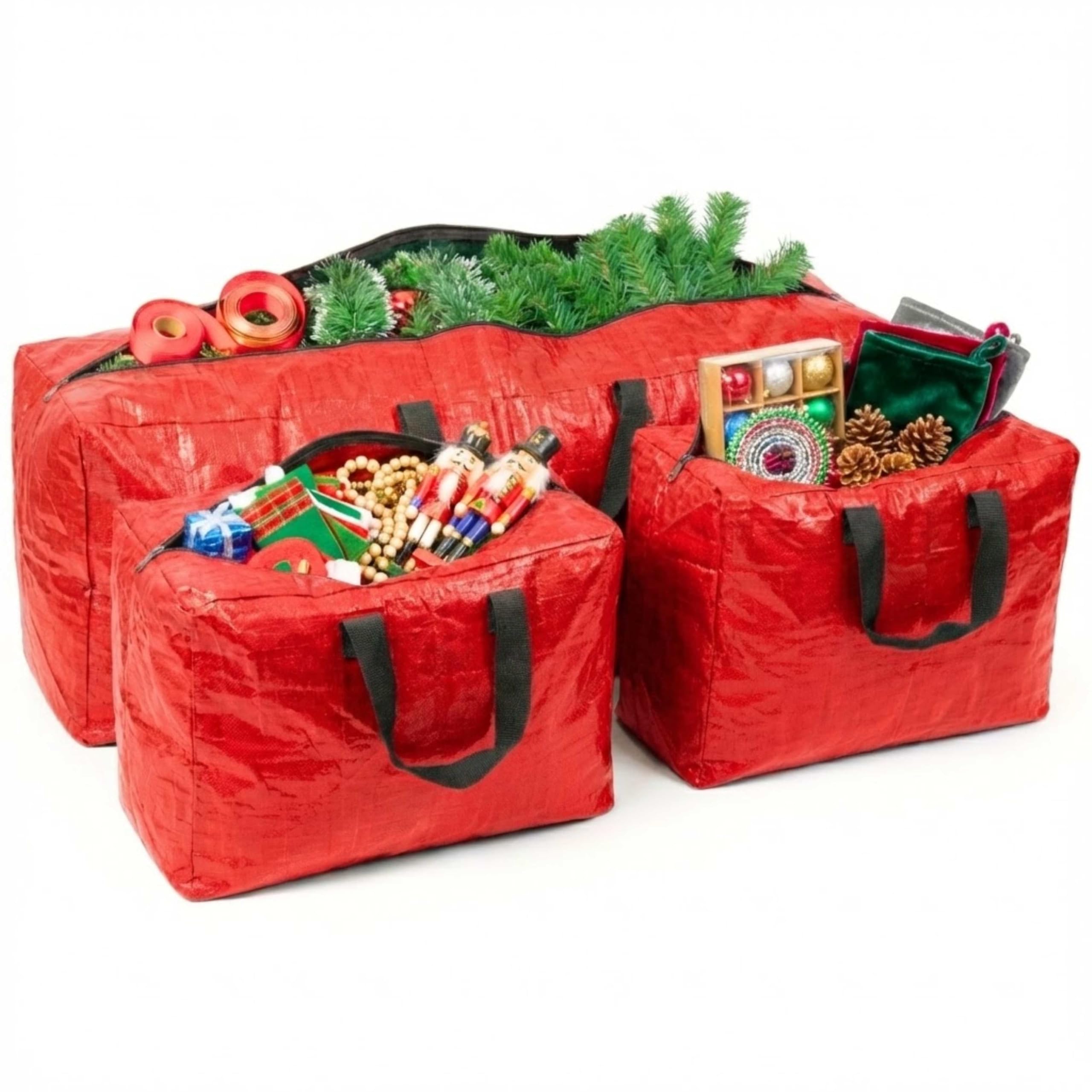 ADEPTNA 3PCS PREMIUM STRONG DURABLE LARGE CHRISTMAS XMAS TREE DECORATIONS STORAGE BAGS – STURDY NYLON HANDLES FOR EASY CARRY (RED)