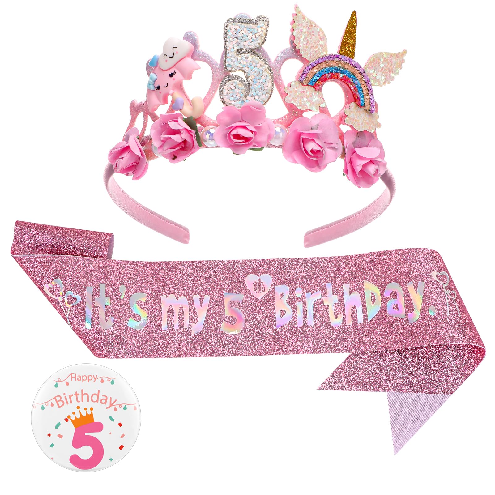 Birthday Girl Headband, 5th Floral Birthday Crown Glitter Sash and Badge Set for Birth Day Decorations Girls,Princess Crown Hats Girl Headband for Kids Princess Party Glitter Hair Band Decorations — image 1