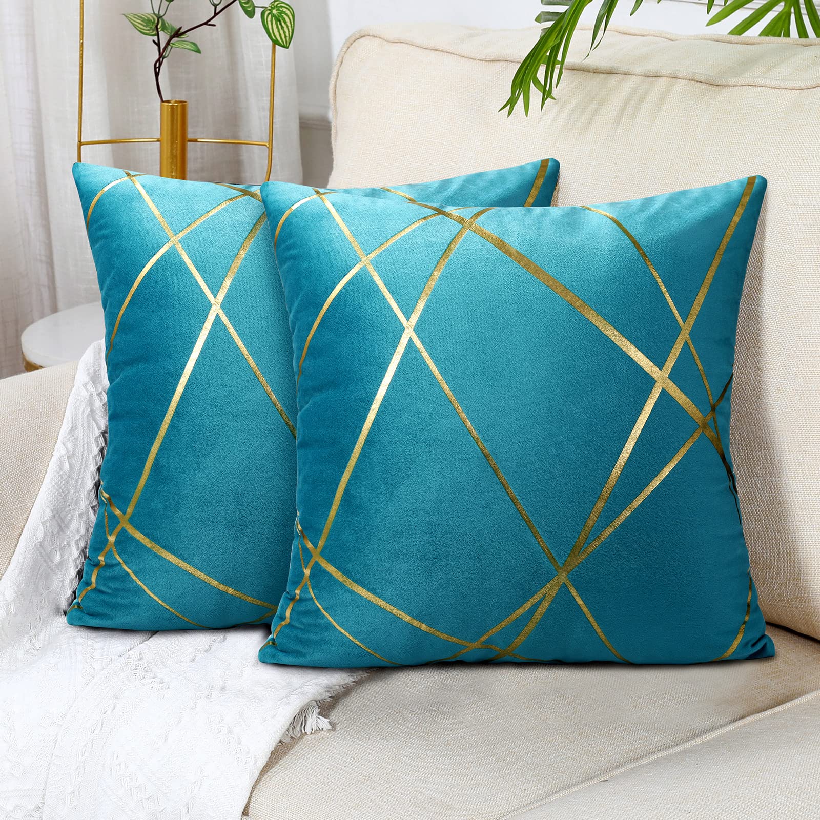 Cushion Cover 40 x 40 cm Peacock Blue Gold Lines Decorative Pillow Covers Geometry Cushion Cover Living Room Bedroom Bench Cushion Sofa Set of 2 — image 1