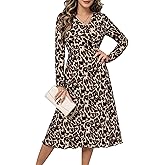 DERAX Women's Animal Leopard Print Midi Dress Long Sleeve V Neck Flowy A-Line 2026 Spring Long Dresses